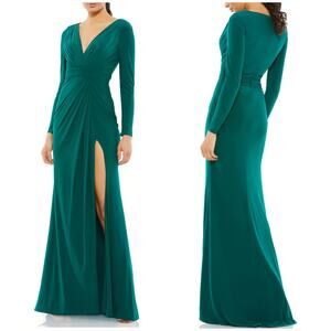 Mac Duggal NWT V-Neck Long Sleeve High Slit Gown Emerald Green Size 14